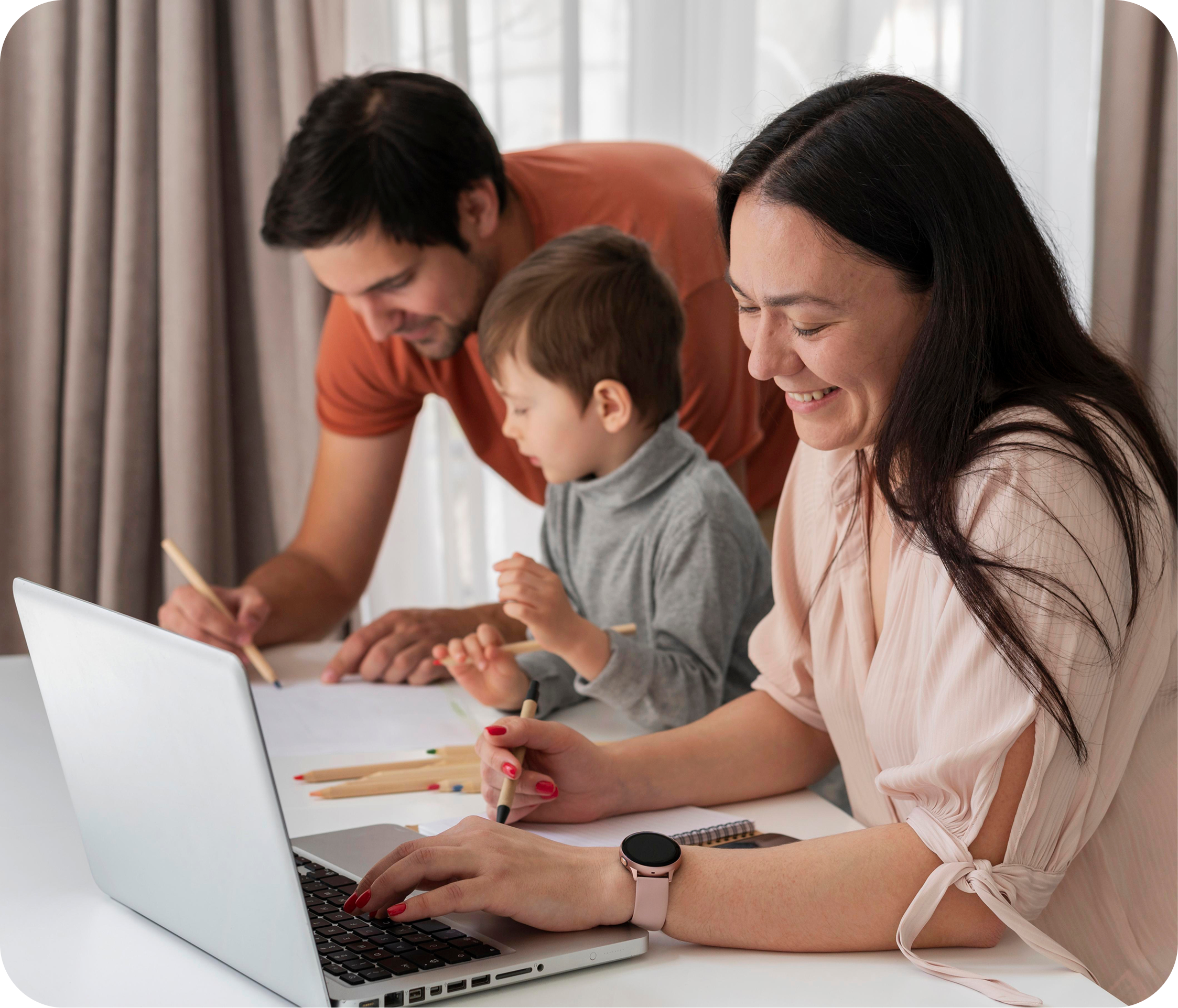Parents working with child at home